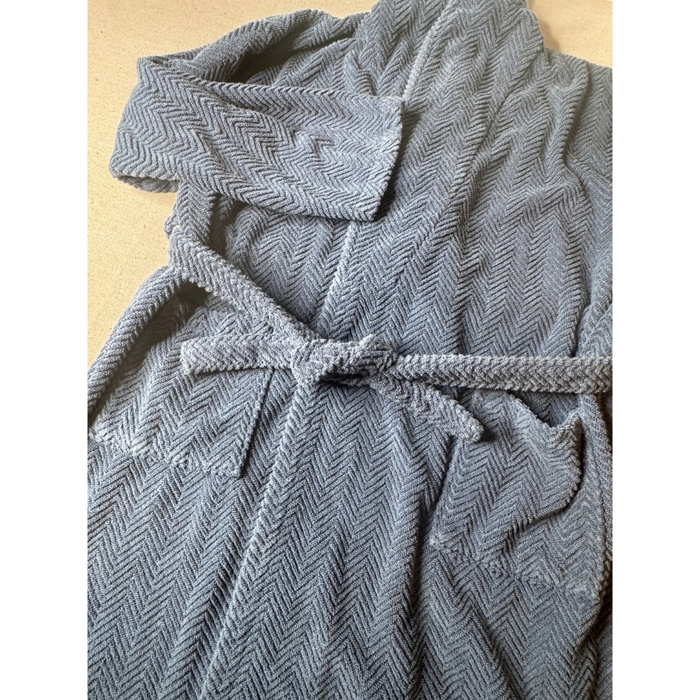 Linum 100% Turkish Cotton Spa Robe XL Blue Herringbone Shawl Collar Luxury Robe
